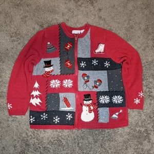 Croft & Barrow Woman Christmas Zip Up Sweater~Snowman/Ice Skates/Sled~Size 1X